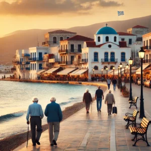 DALL·E 2025 01 06 12.13.53 A peaceful Greek coastal town at sunset with elderly retirees strolling along a scenic promenade by the sea. The town features traditional Greek arch یونان در میان بهترین مکان‌های بازنشستگی برای سال ۲۰۲۵