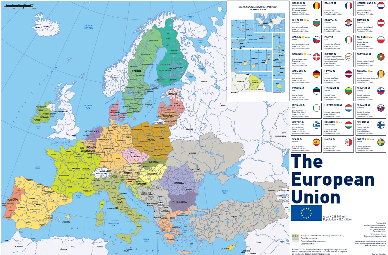 نقشه کامل ۲۷ کشور عضو اتحادیه اروپا